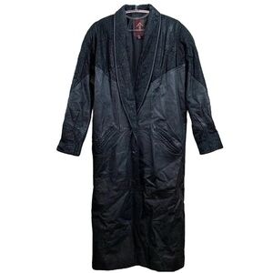 Vtg G-III Genuine Leather Suede Paisley Long Trench Coat Jacket Black Size Small